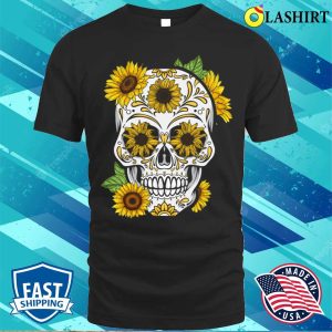 Sugar Skull Day Sunflower Funny Halloween Floral Bone Head T shirt 1