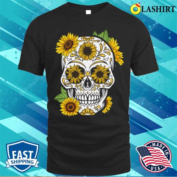 Sugar Skull Day Sunflower Funny Halloween Floral Bone Head T-shirt