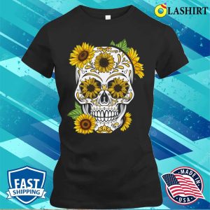 Sugar Skull Day Sunflower Funny Halloween Floral Bone Head T shirt 2