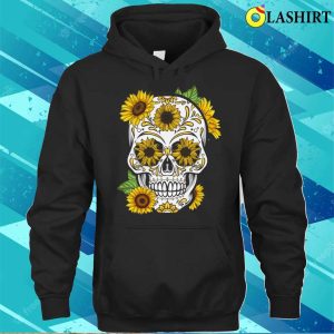 Sugar Skull Day Sunflower Funny Halloween Floral Bone Head T shirt 3
