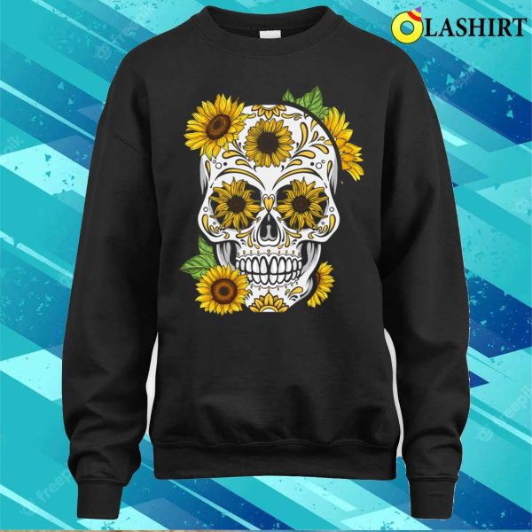 Sugar Skull Day Sunflower Funny Halloween Floral Bone Head T-shirt