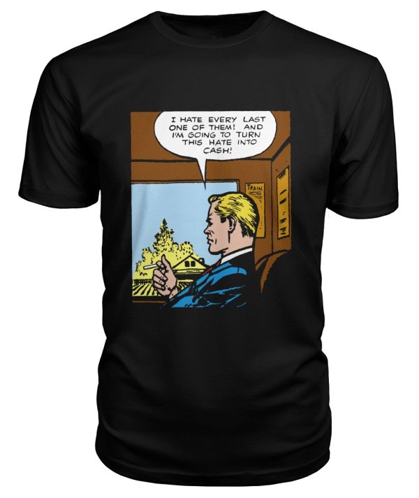 Funny vintage comic pop art man on train hate into cash t- shirt