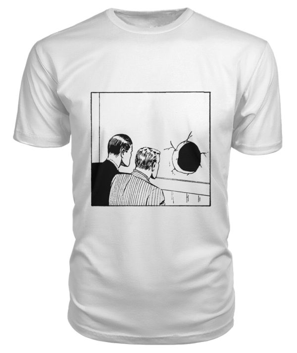 Funny vintage illustration – men staring at hole in wall shirt