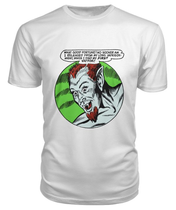 Vintage horror comic pop art design of devil my first victim t-shirt