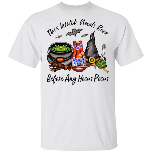 Pabst Blue Ribbon Bottle This Witch Needs Beer Before Any Hocus Pocus Halloween T-Shirt