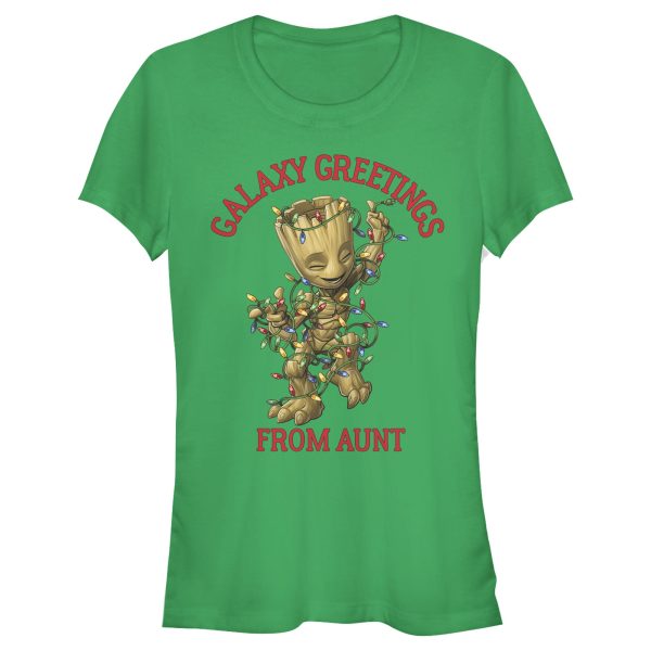 Junior’s Marvel Christmas Groot Galaxy Greetings Aunt T-Shirt