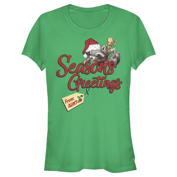 Junior’s Marvel Christmas Rocket & Groot Aunt Greetings T-Shirt