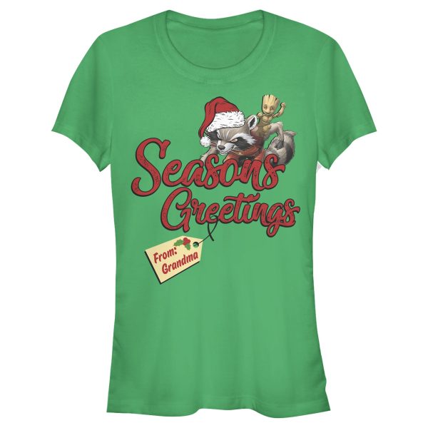 Junior’s Marvel Christmas Rocket & Groot Grandma Greetings T-Shirt