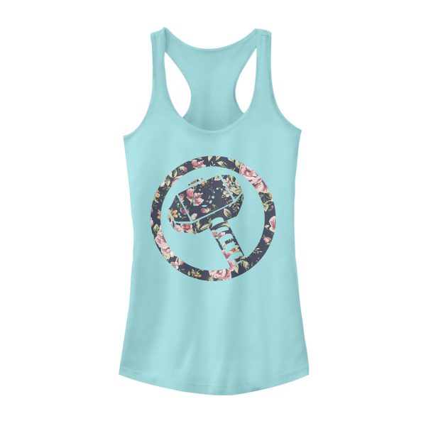 Junior’s Marvel Hammer Thor Floral Print Racerback Tank Top