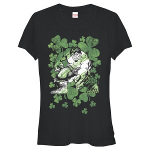 Junior’s Marvel St. Patrick’s Day Hulk Clover Field T-Shirt