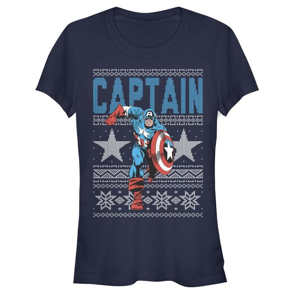 Junior’s Marvel Ugly Christmas Captain America Star T-Shirt