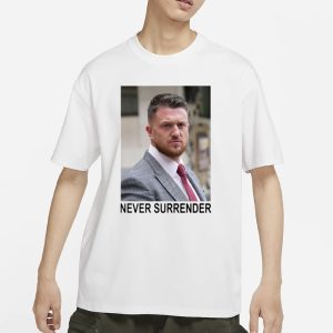 A Woman In London Tommy Robinson And Trump Mugshot Never Surrender T Shirt 1