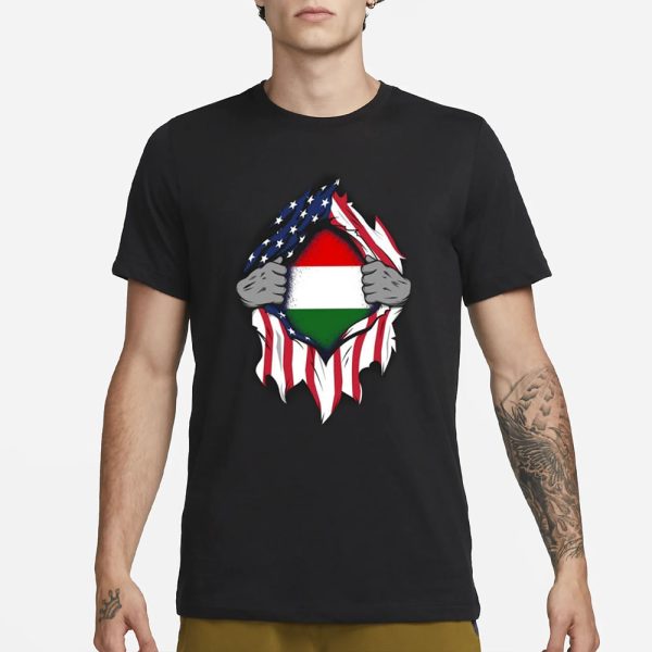 Hungarian American Flags Hands Ripping Flag on Chest T-Shirt