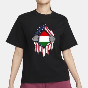 Hungarian American Flags Hands Ripping Flag on Chest T Shirt 2