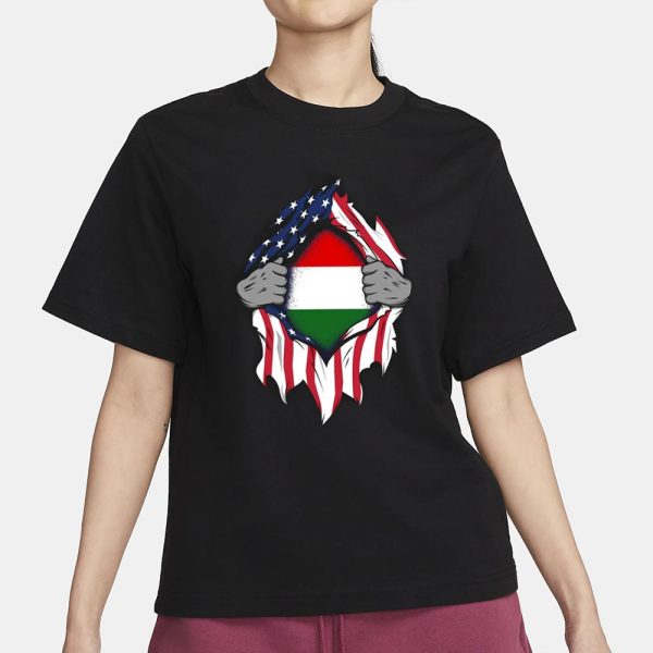 Hungarian American Flags Hands Ripping Flag on Chest T-Shirt