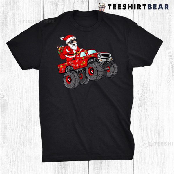 Christmas Santa Claus Riding Monster Truck Boys Kids Xmas Shirt