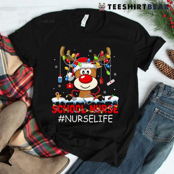 Christmas School Nurse Life Reindeer Lights Xmas Pjs Holiday Shirt