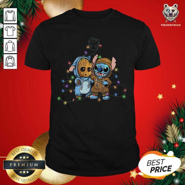 Funny Baby Groot And Baby Stitch Happy Light Christmas Shirt