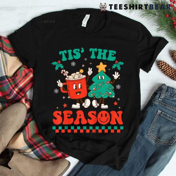 Groovy Tis The Season Christmas Hippie Hot Cocoa Pine Tree Shirt