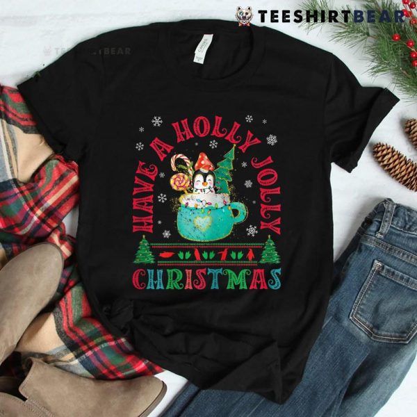 Holly Xmas Jolly Christmas Tree Penguin In Coffee Cup Santa Shirt