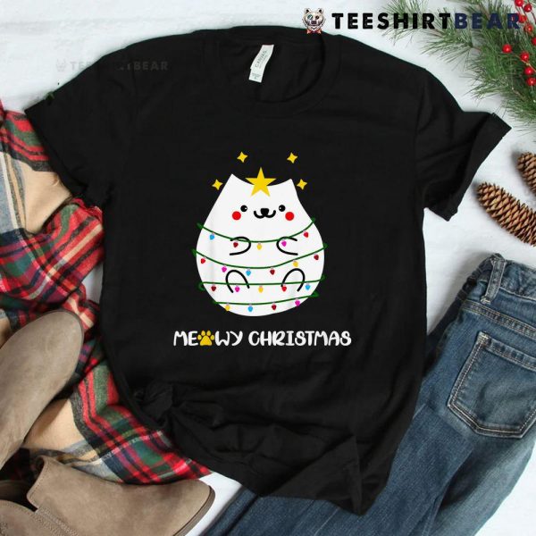 Meowy Catmas Cat Christmas Xmas Lights Wrapped Around Shirt