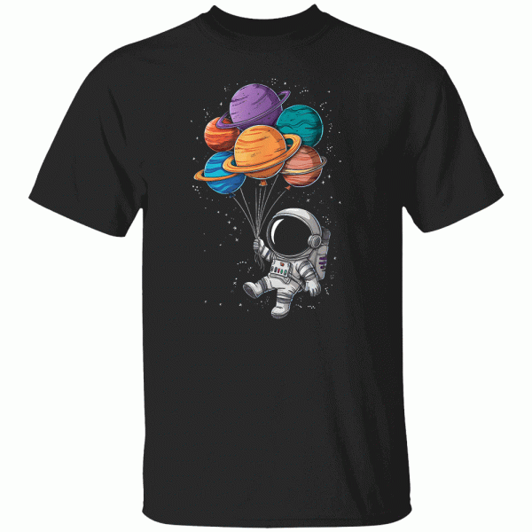 Astronaut Holding Planet Balloons Floating In Space T-Shirt