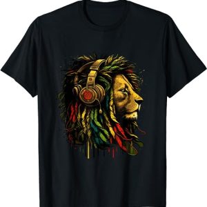 Rasta Reggae Music Headphones Jamaican Pride Lion Of Judah T-Shirt