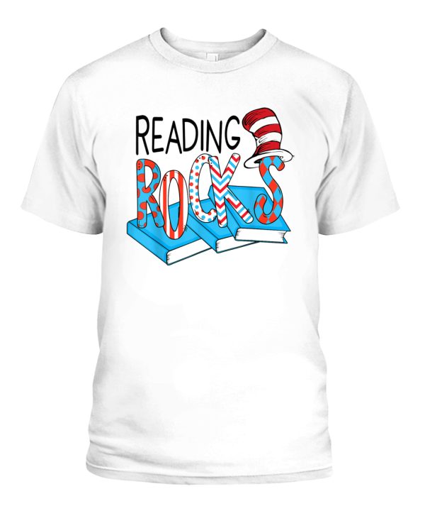 Reading Rocks Book Teacher Red White Stripe Students Kids T-Shirt