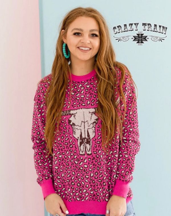 Steer Skull Pink Leopard Western Hot Head Crazy Train Sweater