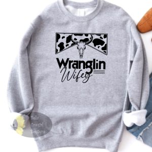 Wranglin Wifey Western Steer Skull Cow Print Sweatshirt