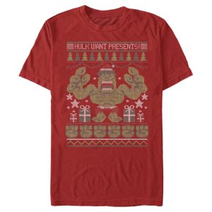 Men’s Marvel Ugly Christmas Hulk Want Presents T-Shirt