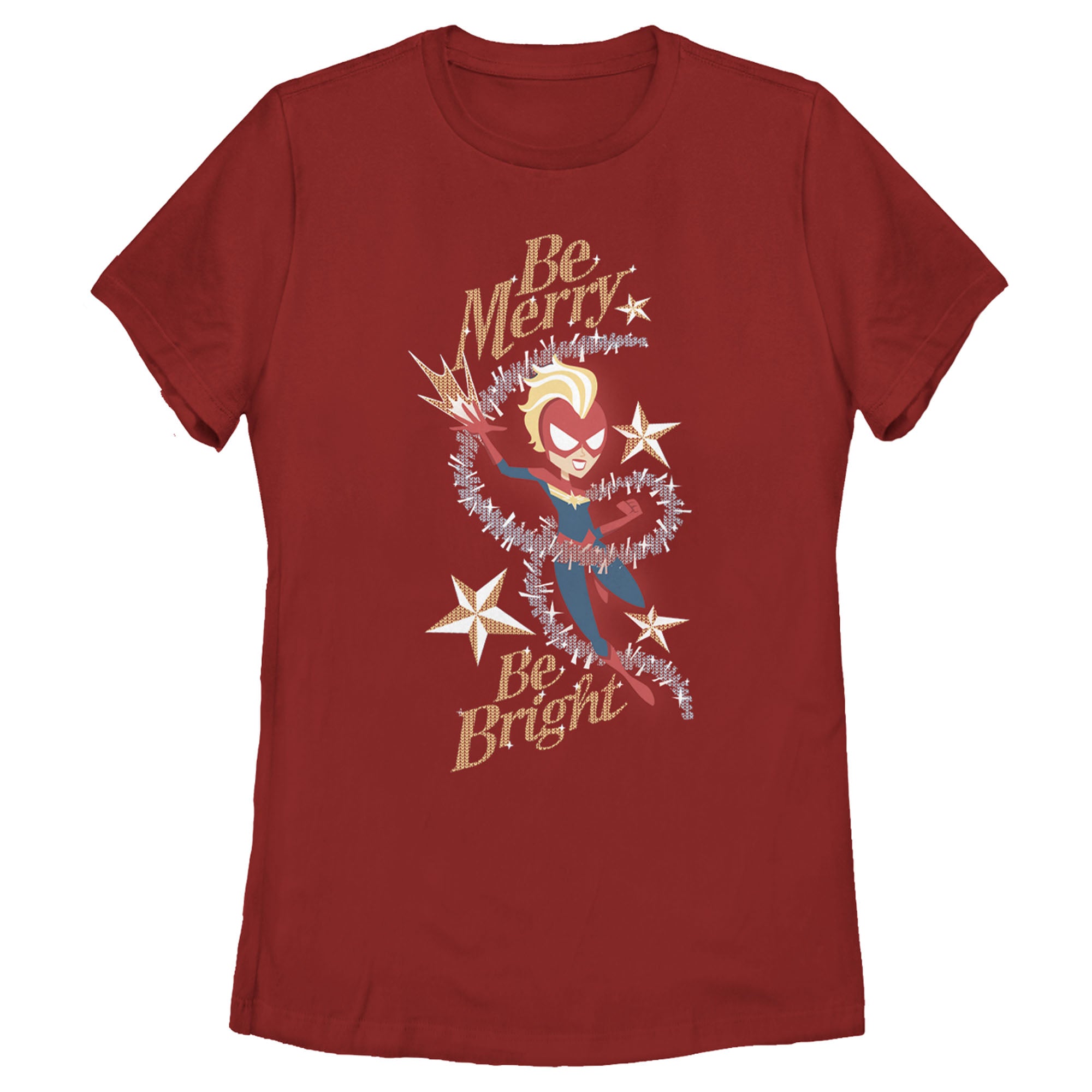 Women's Marvel Christmas Captain Marvel Merry & Bright T-Shirt Women's Marvel Christmas Captain Marvel Merry & Bright T-Shirt