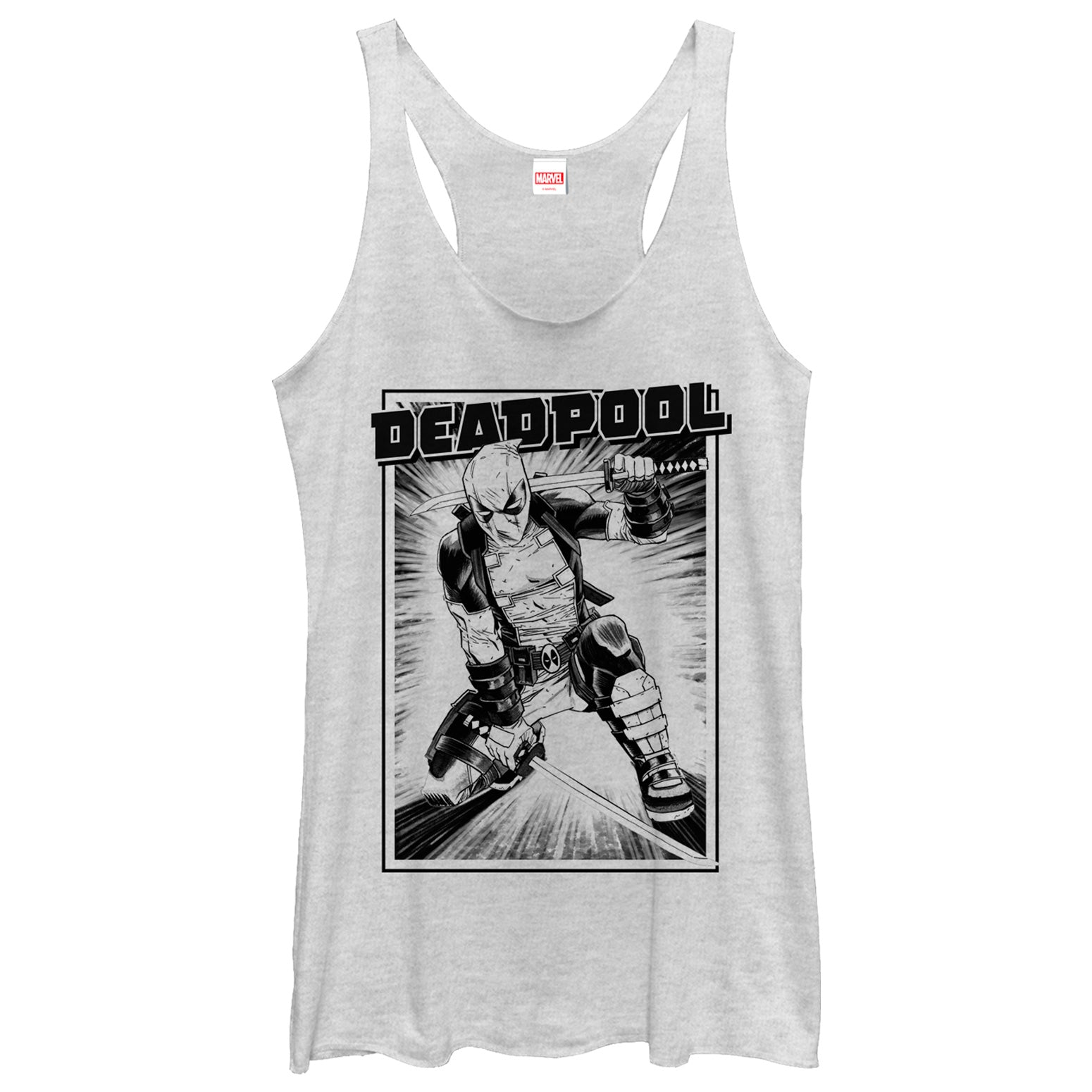 Women's Marvel Deadpool Katana Grayscale Sword Pose Racerback Tank Top Women's Marvel Deadpool Katana Grayscale Sword Pose Racerback Tank Top