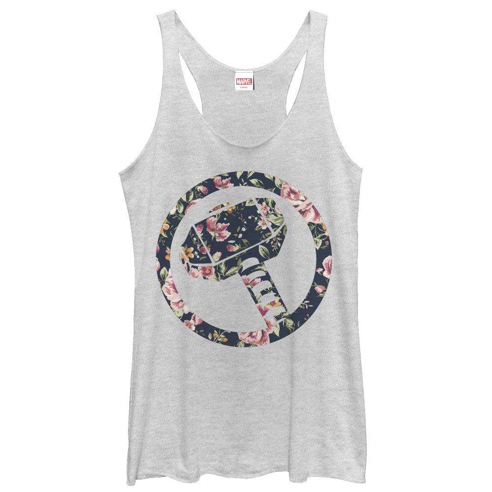 Women's Marvel Hammer Thor Floral Print Racerback Tank Top Women's Marvel Hammer Thor Floral Print Racerback Tank Top