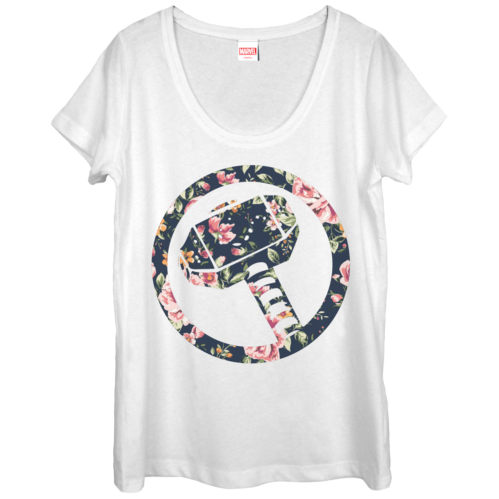 Women's Marvel Hammer Thor Floral Print Scoop Neck Women's Marvel Hammer Thor Floral Print Scoop Neck