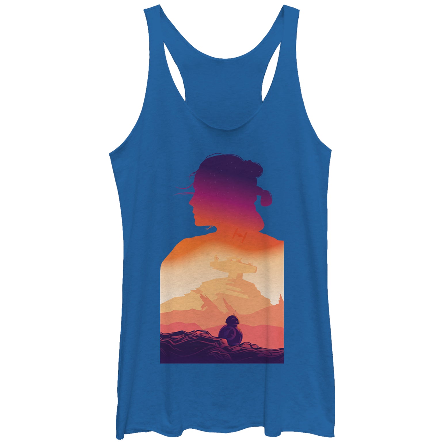 Women's Star Wars Forces of Destiny Rey Sunset Silhouette Racerback Tank Top Women's Star Wars Forces of Destiny Rey Sunset Silhouette Racerback Tank Top