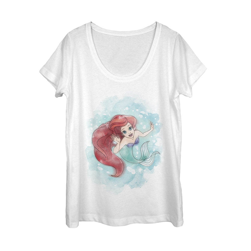 Women's The Little Mermaid Ariel Watercolor Print Scoop Neck Women's The Little Mermaid Ariel Watercolor Print Scoop Neck