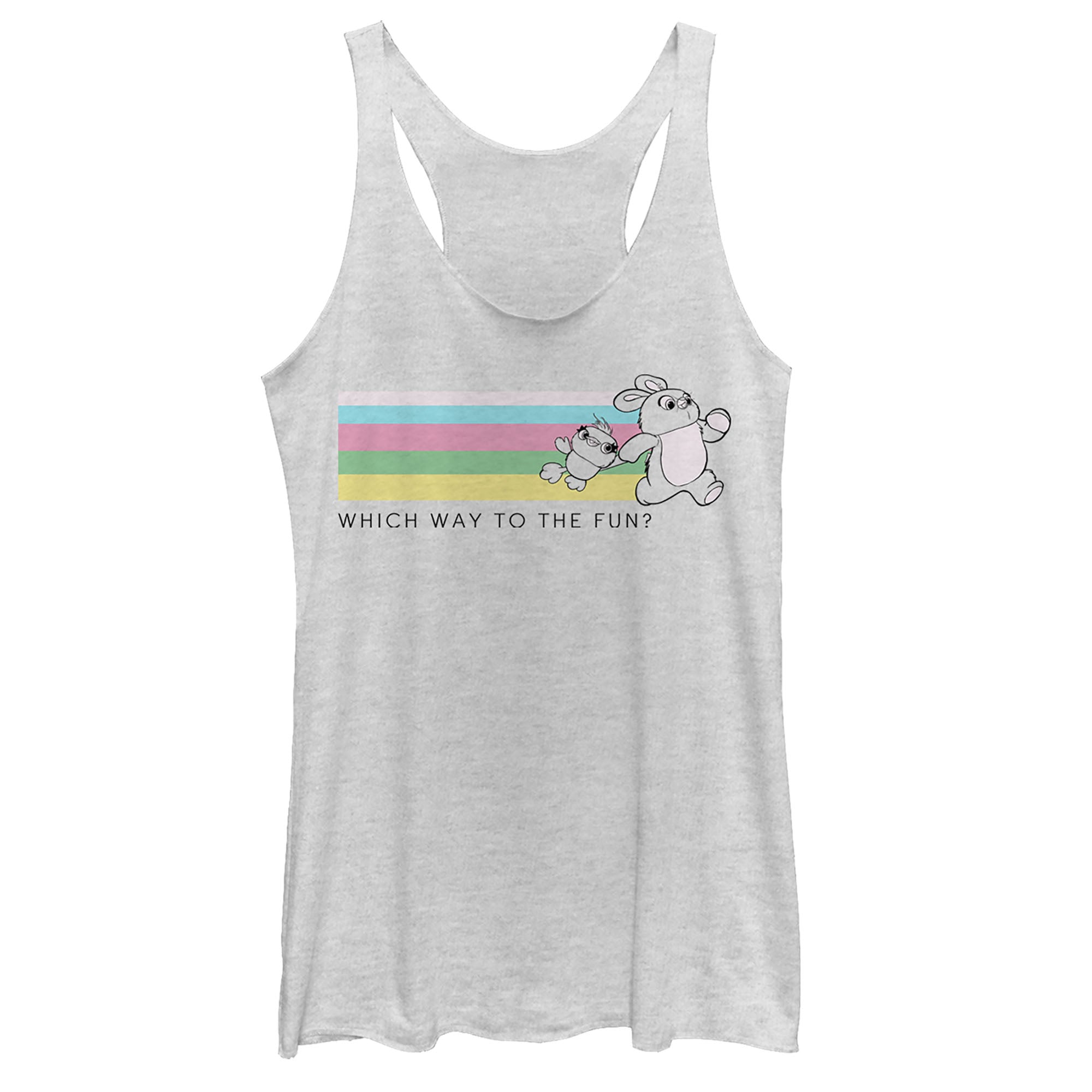 Women's Toy Story Ducky & Bunny Fun Rainbow Race Racerback Tank Top Women's Toy Story Ducky & Bunny Fun Rainbow Race Racerback Tank Top