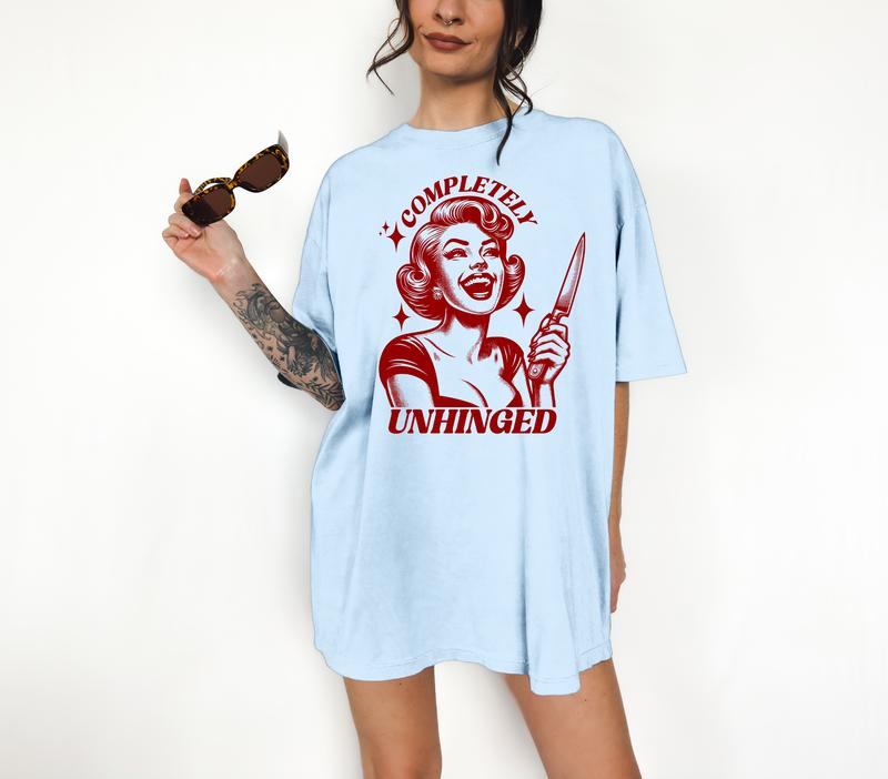 Completely Unhinged- T-Shirt, Retro Graphic, Kitsch, Funny Apparel, Gift Idea, Relaxed Fit, Casual Apparel, Cute Top, Great with Jeans, All Seasons Completely Unhinged- T-Shirt, Retro Graphic, Kitsch, Funny Apparel, Gift Idea, Relaxed Fit, Casual Apparel, Cute Top, Great with Jeans, All Seasons